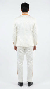 Men's Ivory and Gold Jacquard Tuxedo Suit + Bowtie – Formal Wedding, Prom, and Gala Outfit in Cream Off White color