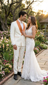 Men's Ivory and Gold Jacquard Tuxedo Suit + Bowtie – Formal Wedding, Prom, and Gala Outfit in Cream Off White color