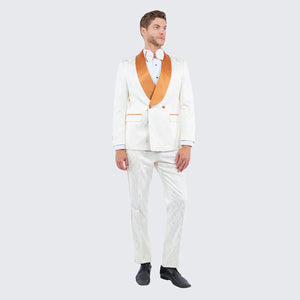 Men's Ivory and Gold Jacquard Tuxedo Suit + Bowtie – Formal Wedding, Prom, and Gala Outfit in Cream Off White color