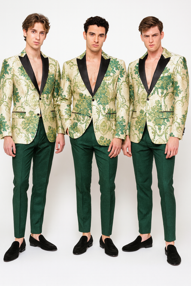 Men’s Ivory and Green Suit Floral Embroidered Tuxedo Jacket with Black Satin Lapel – Designer Blazer for Weddings With Hutner Green Pants