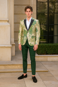 Men’s Ivory and Green Suit Floral Embroidered Tuxedo Jacket with Black Satin Lapel – Designer Blazer for Weddings With Hutner Green Pants