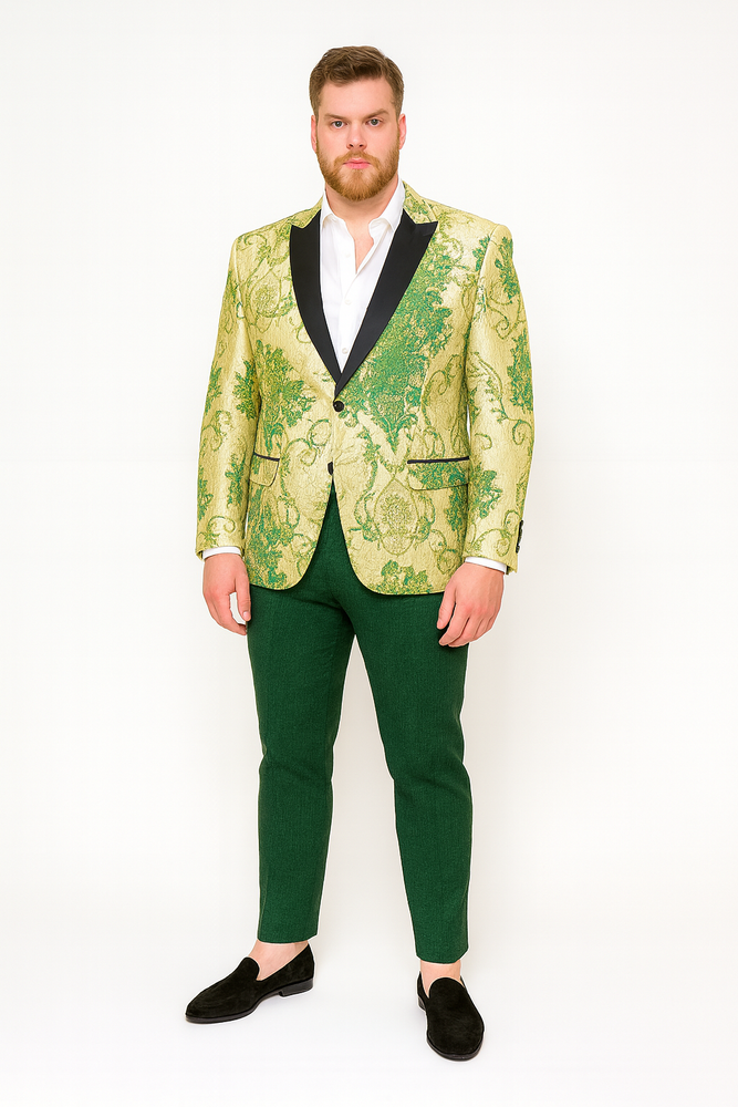 Men’s Ivory and Green Suit Floral Embroidered Tuxedo Jacket with Black Satin Lapel – Designer Blazer for Weddings With Hutner Green Pants