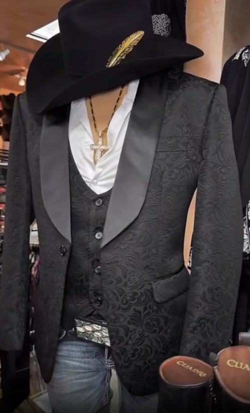 Men’s Black Paisley Jacquard Blazer, Satin Shawl Lapel Western Formal Designer Jacket