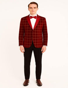 Men's Red Velvet Plaid Blazer with Satin Lapel – Designer Tartan Suit Jacket for Holidays and Events