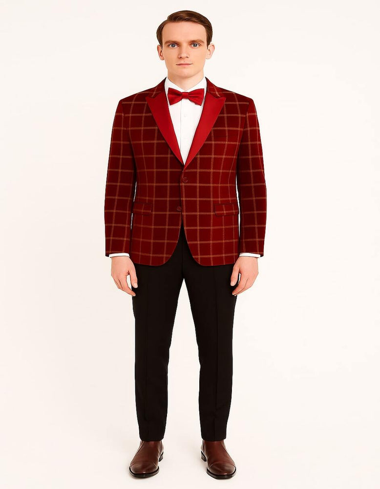 Men's Red Velvet Plaid Blazer with Satin Lapel – Designer Tartan Suit Jacket for Holidays and Events