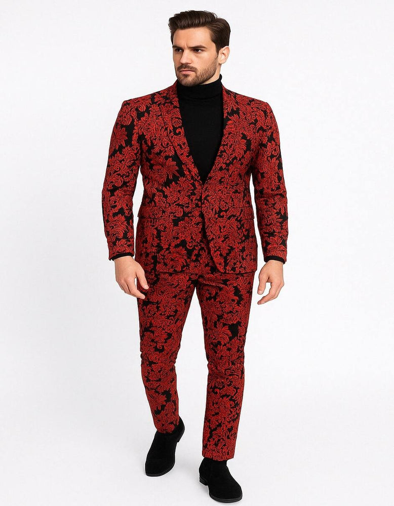Men’s Red and Black Floral Tuxedo Suit – Slim Fit 2 Piece Embroidered Outfit for Weddings, Prom, and Formal Events
