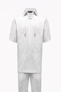 Men’s White Lace-Up Shirt and Pants Set – Casual Summer Two-Piece Outfit