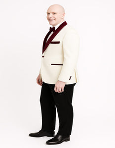 Men’s White Floral Tuxedo Jacket with Burgundy Velvet Shawl Lapel – Wedding, Prom, and Formal Event Suit