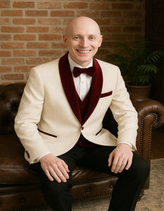 Men’s White Floral Tuxedo Jacket with Burgundy Velvet Shawl Lapel – Wedding, Prom, and Formal Event Suit