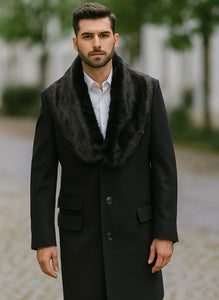 Men's Black Fur Collar Two Flap Front Pockets Full Length Men's Carcoat - Car Coat Mid Length Three Quarter Length Coat