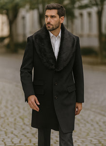 Men's Black Fur Collar Two Flap Front Pockets Full Length Men's Carcoat - Car Coat Mid Length Three Quarter Length Coat