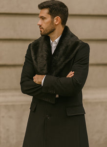 Men's Black Fur Collar Two Flap Front Pockets Full Length Men's Carcoat - Car Coat Mid Length Three Quarter Length Coat