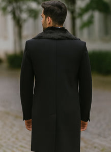 Men's Black Fur Collar Two Flap Front Pockets Full Length Men's Carcoat - Car Coat Mid Length Three Quarter Length Coat