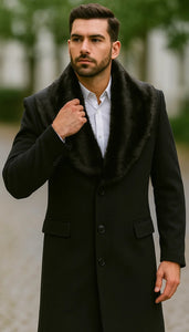 Men's Black Fur Collar Two Flap Front Pockets Full Length Men's Carcoat - Car Coat Mid Length Three Quarter Length Coat