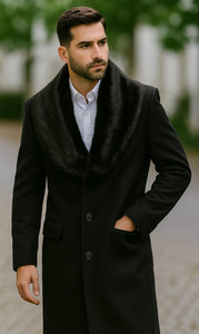 Men's Black Fur Collar Two Flap Front Pockets Full Length Men's Carcoat - Car Coat Mid Length Three Quarter Length Coat