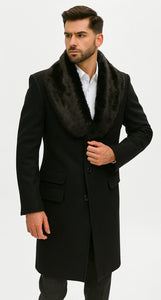 Men's Black Fur Collar Two Flap Front Pockets Full Length Men's Carcoat - Car Coat Mid Length Three Quarter Length Coat
