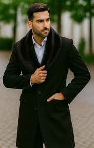Men's Black Fur Collar Two Flap Front Pockets Full Length Men's Carcoat - Car Coat Mid Length Three Quarter Length Coat