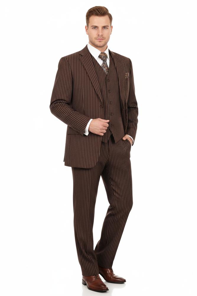 Men’s Brown Pinstripe 3-Piece Suit 