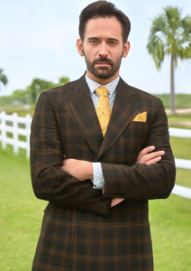 Men's Brown Plaid Double-Breasted Wool Suit – Classic Windowpane Two-Piece Formal Suit By Rossiman