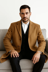 Men’s Camel Overcoat – Classic Single Breasted Wool Long Coat with Peak Lapel
