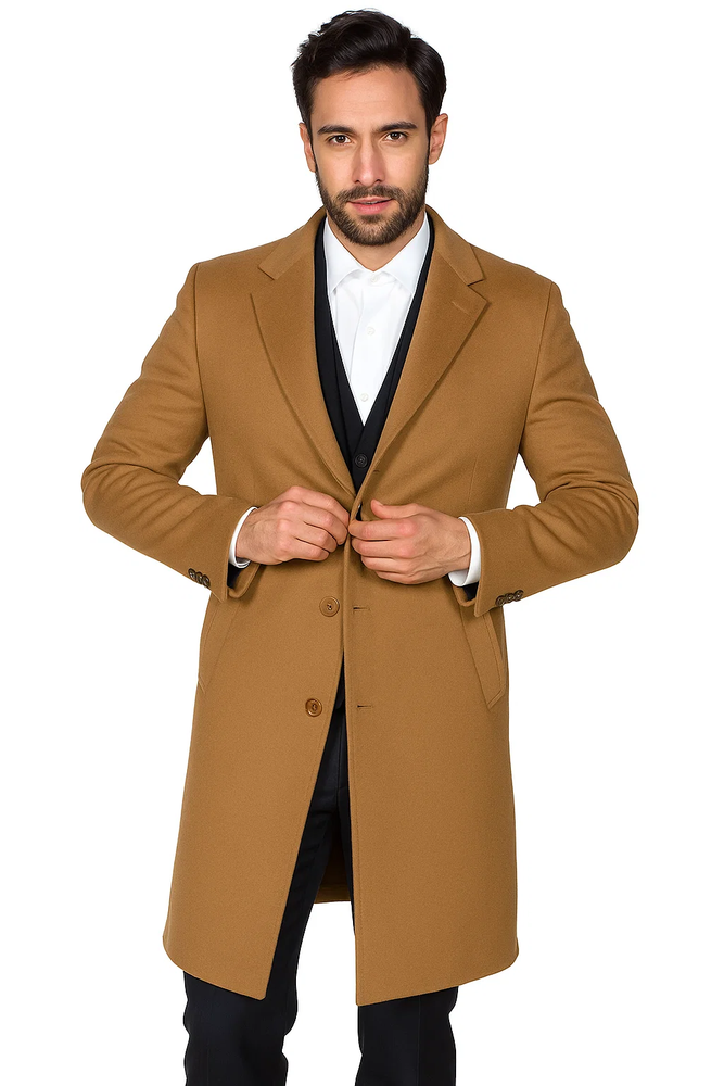 Men’s Camel Overcoat – Classic Single Breasted Wool Long Coat with Peak Lapel