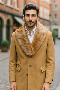 Men's Camel Three Button Full Length Overcoat Men's Carcoat