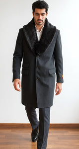 Men's Charcoal Two Flap Front Pockets Full Length Overcoat Men's Carcoat - Car Coat Mid Length Three Quarter Length Coat