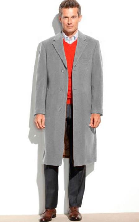 Men's Dress Coat Light Gray 3 Button Full Length Overcoat ~ Long Men's Dress Topcoat - Winter Coat (Cashmere Touch (Not Cashmere))