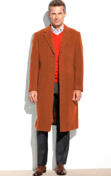 Men's Dress Coat Full Length Overcoat ~ Long Men's Dress Topcoat - Winter Coat Rust (Cashmere Touch (Not Cashmere))