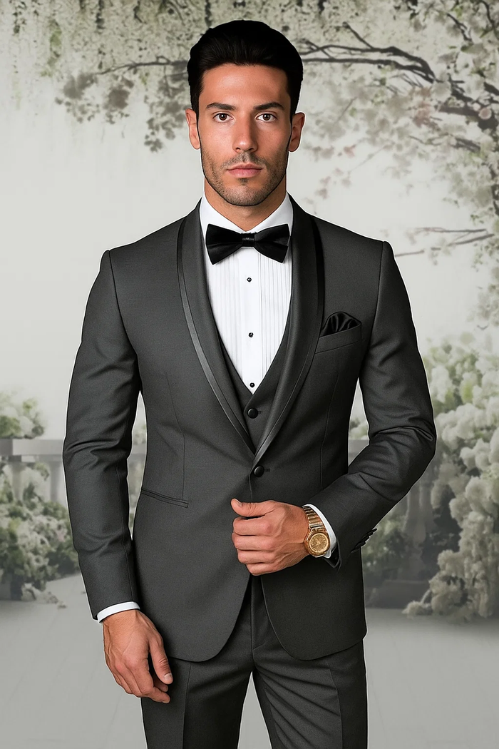 Men’s Formal Charcoal Tuxedo – Vested Satin Trim Shawl Collar Suit