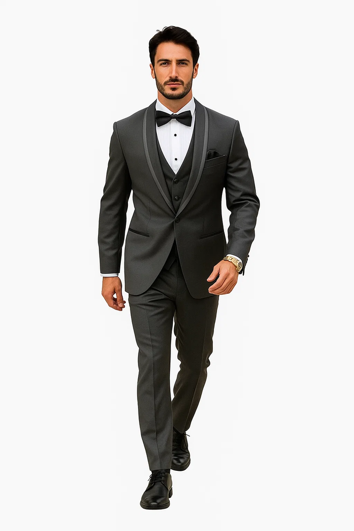 Men’s Formal Charcoal Tuxedo – Vested Satin Trim Shawl Collar Suit