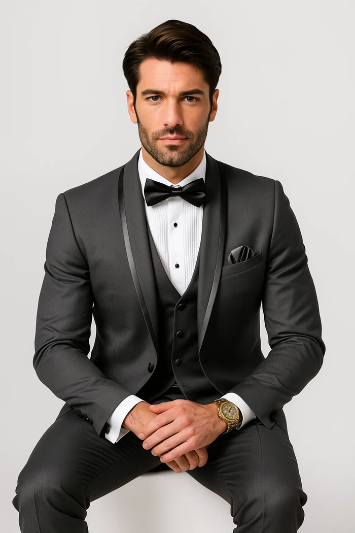 Men’s Formal Charcoal Tuxedo – Vested Satin Trim Shawl Collar Suit