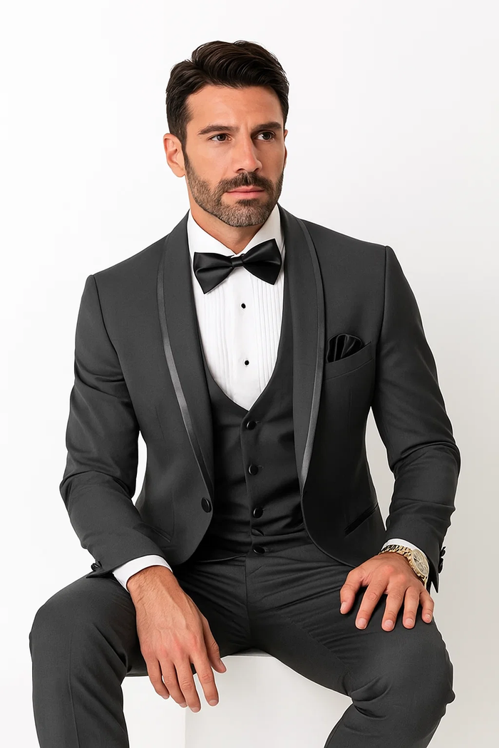 Men’s Formal Charcoal Tuxedo – Vested Satin Trim Shawl Collar Suit