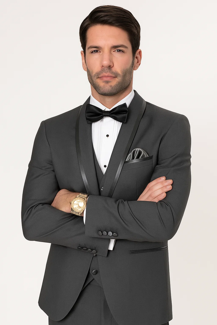 Men’s Formal Charcoal Tuxedo – Vested Satin Trim Shawl Collar Suit