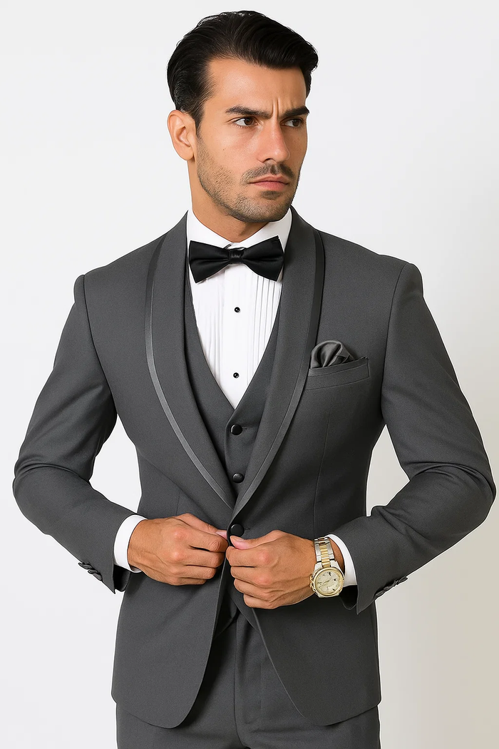 Men’s Formal Charcoal Tuxedo – Vested Satin Trim Shawl Collar Suit