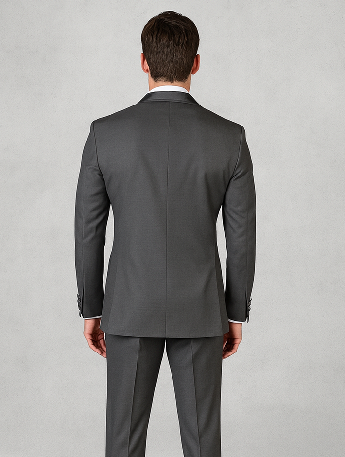 Men’s Formal Charcoal Tuxedo – Vested Satin Trim Shawl Collar Suit