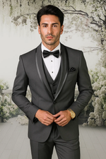 Men’s Formal Charcoal Tuxedo – Vested Satin Trim Shawl Collar Suit