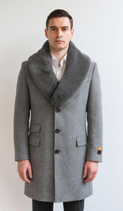 Men's Light Gray Fur Collar Two Flap Front Pockets Full Length Men's Men's Carcoat - Car Coat Mid Length Three Quarter Length Coat