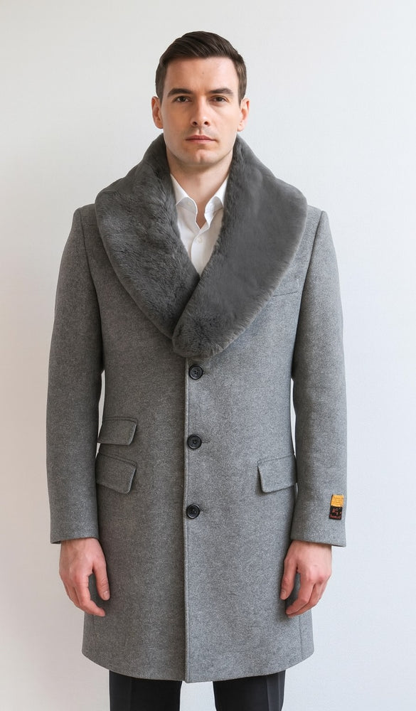 Men's Light Gray Fur Collar Two Flap Front Pockets Full Length Men's Men's Carcoat - Car Coat Mid Length Three Quarter Length Coat