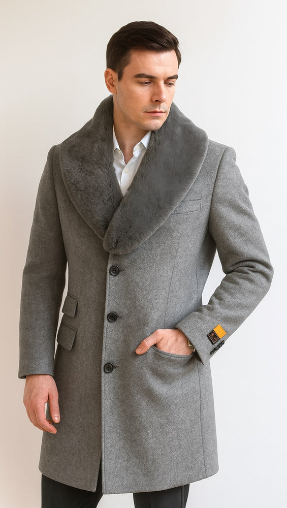 Men's Light Gray Fur Collar Two Flap Front Pockets Full Length Men's Men's Carcoat - Car Coat Mid Length Three Quarter Length Coat