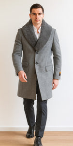 Men's Light Gray Fur Collar Two Flap Front Pockets Full Length Men's Men's Carcoat - Car Coat Mid Length Three Quarter Length Coat