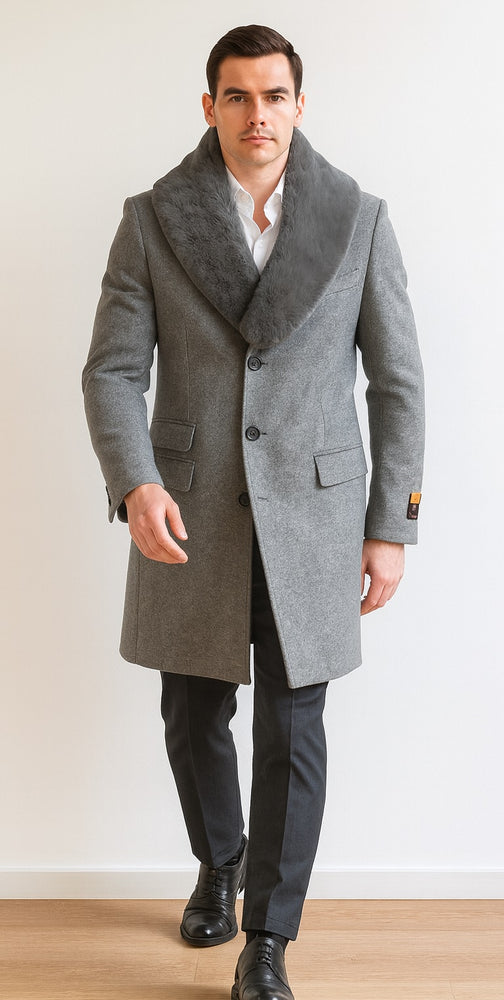 Men's Light Gray Fur Collar Two Flap Front Pockets Full Length Men's Men's Carcoat - Car Coat Mid Length Three Quarter Length Coat