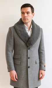 Men's Light Gray Fur Collar Two Flap Front Pockets Full Length Men's Men's Carcoat - Car Coat Mid Length Three Quarter Length Coat