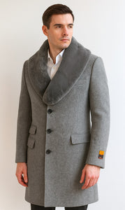 Men's Light Gray Fur Collar Two Flap Front Pockets Full Length Men's Men's Carcoat - Car Coat Mid Length Three Quarter Length Coat