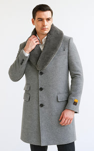 Men's Light Gray Fur Collar Two Flap Front Pockets Full Length Men's Men's Carcoat - Car Coat Mid Length Three Quarter Length Coat
