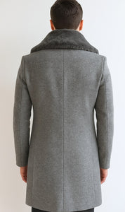 Men's Light Gray Fur Collar Two Flap Front Pockets Full Length Men's Men's Carcoat - Car Coat Mid Length Three Quarter Length Coat