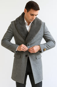 Men's Light Gray Fur Collar Two Flap Front Pockets Full Length Men's Men's Carcoat - Car Coat Mid Length Three Quarter Length Coat