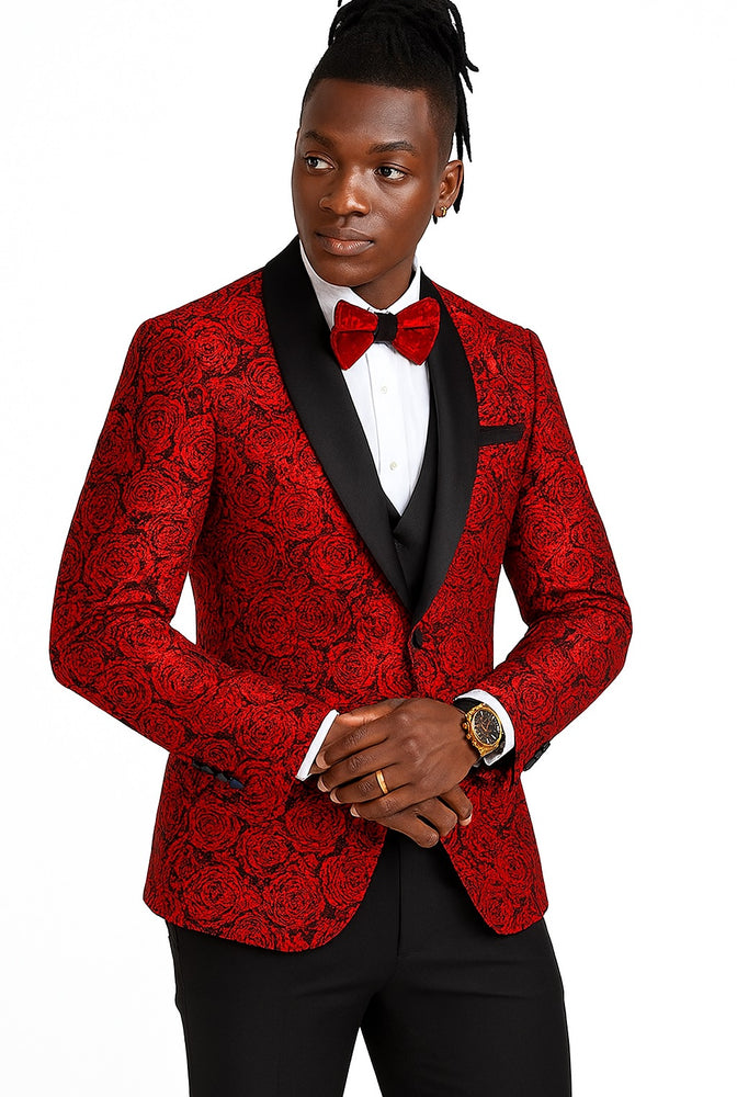Red/Black  Prom Tuxedo Suit - Red/Black Wedding Suit - Men's One Button Slim Fit Shiny Paisley Floral Vested Prom Tuxedo