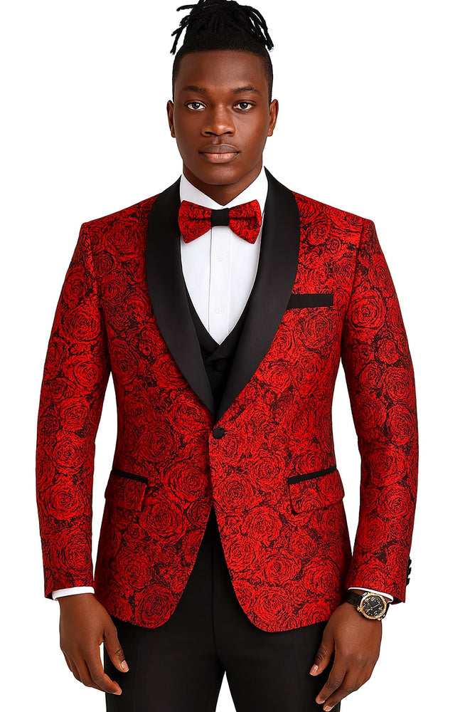 Red/Black  Prom Tuxedo Suit - Red/Black Wedding Suit - Men's One Button Slim Fit Shiny Paisley Floral Vested Prom Tuxedo