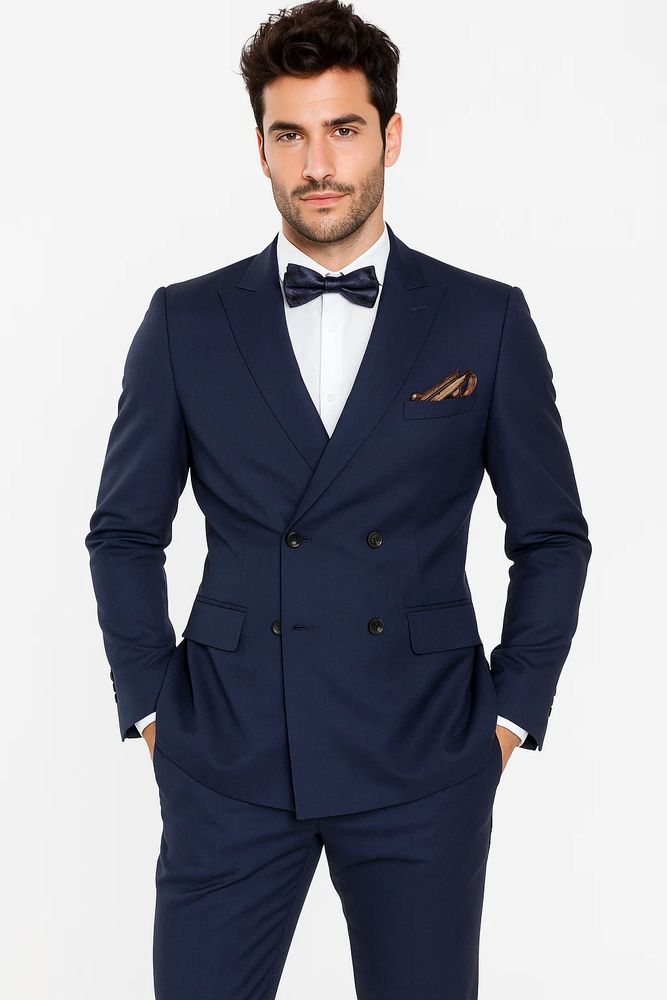 Men's Slim Fit Double-Breasted Suit – Navy Blue 